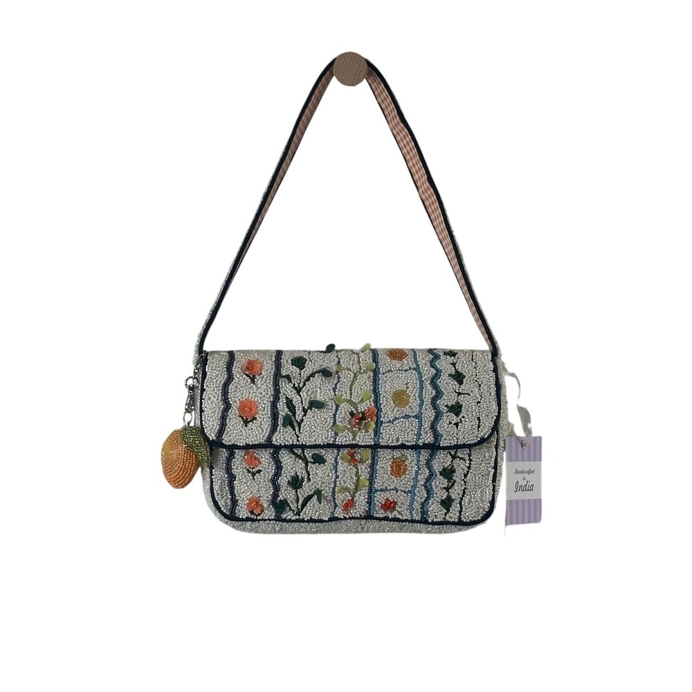 Handcrafted‎ in India Beaded Floral Shoulder Bag White Orange Fruit Charm NWT